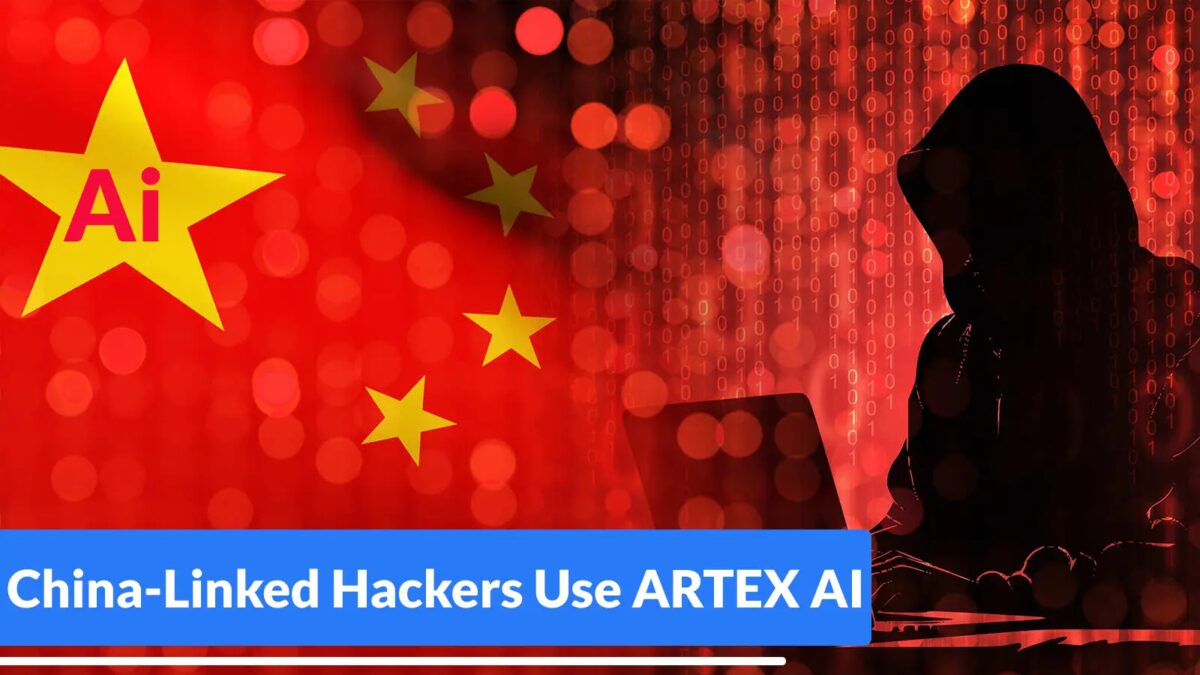 Тень хакера с ноутбуком на фоне флага Китая и символов 0 и 1 ARTEX AI