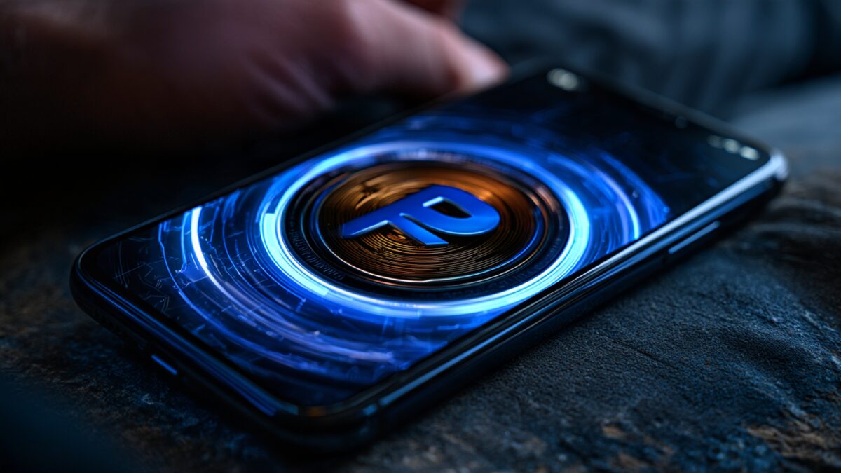 Телефон iPhone с цифровым рублём на экране