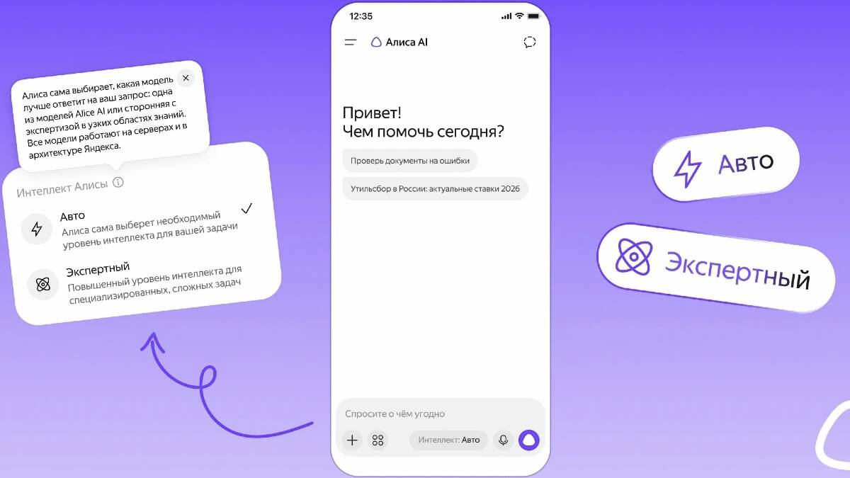 Интерфейс Алисы AI с выбором модели авто или экспертный стиль